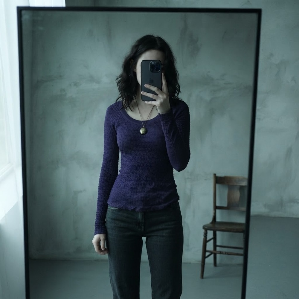 Free People Twilight Grunge Purple Textured Keyhole Back LS Top XS Scoop Neck